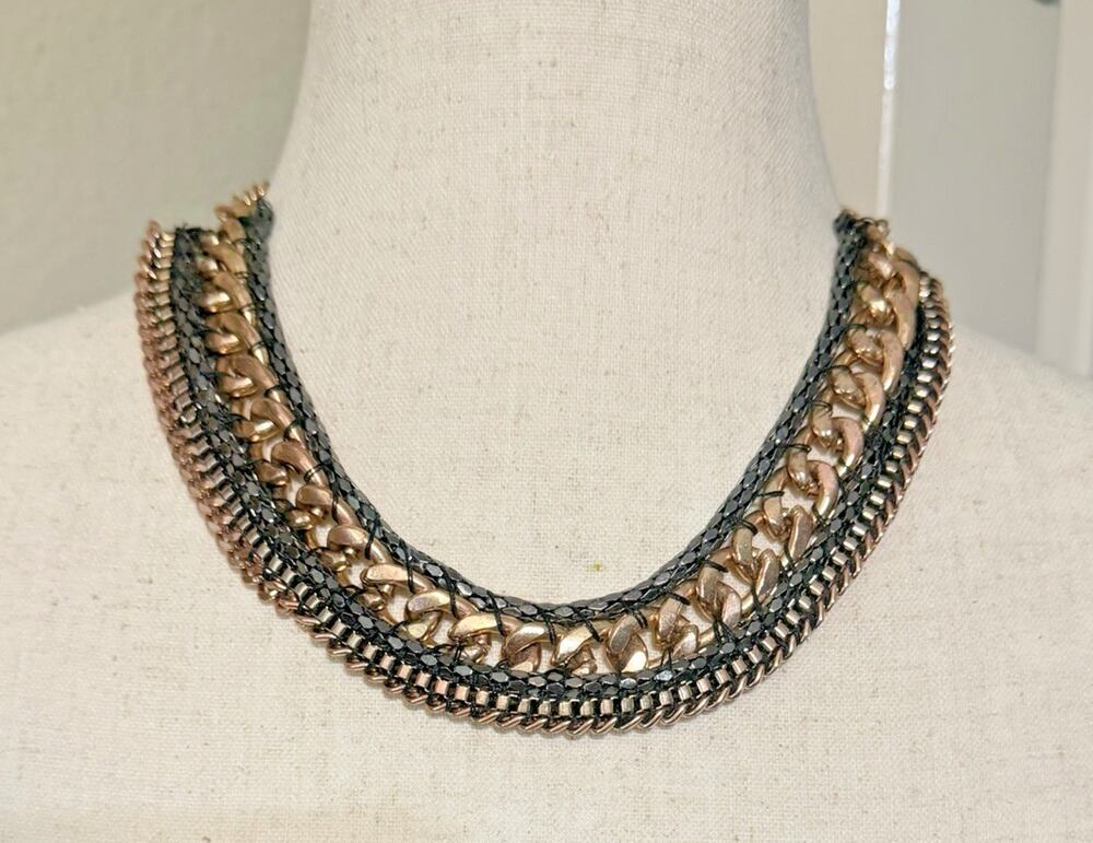 Necklace Rose Gold Gunmetal Tone Chunky Woven Chain Statement Collar 18-20"